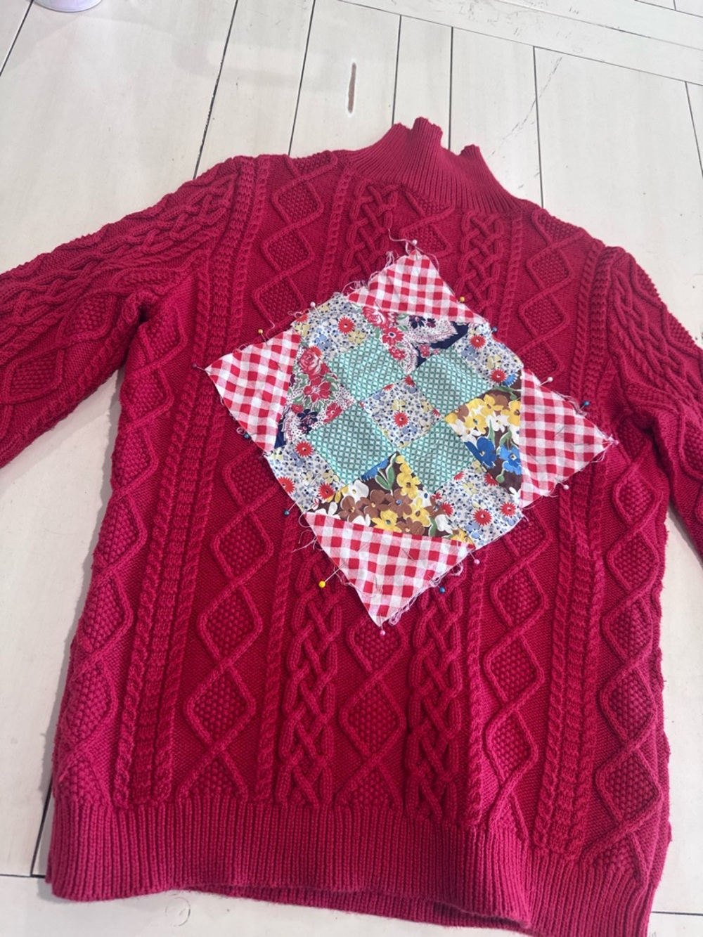 One of a Kind Lauren Ralph Lauren Red Cotton Cable Knit Sweater S Vintage Quilt - Picture 11 of 11